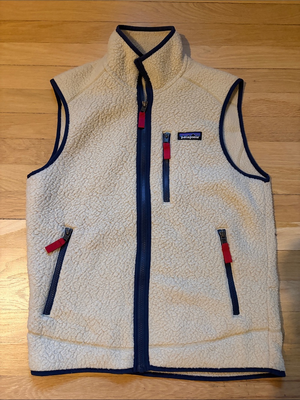 Patagonia Women’s Cream Fleece Vest with Navy Trim